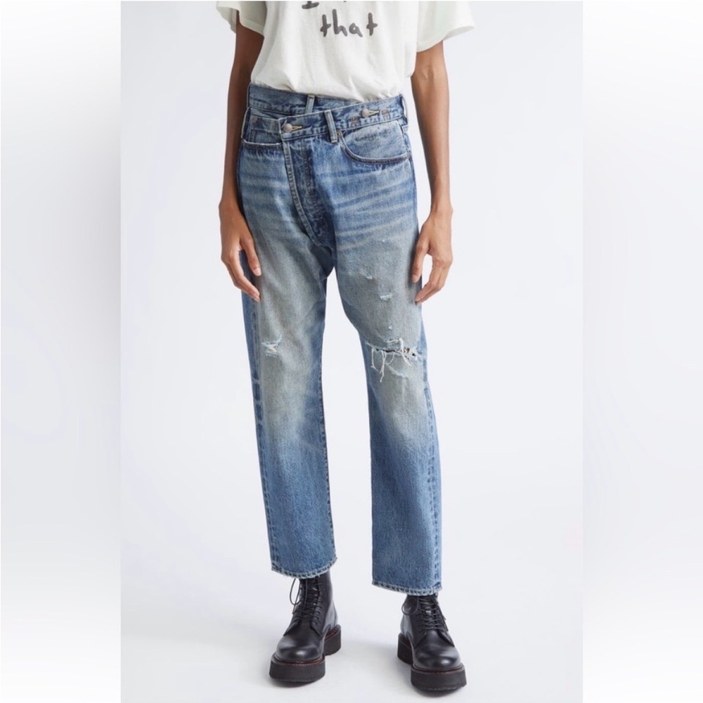 NWT R13 Crossover Ripped Knee Straight Leg Jeans In Leo Blue Japanese Denim‎ 29